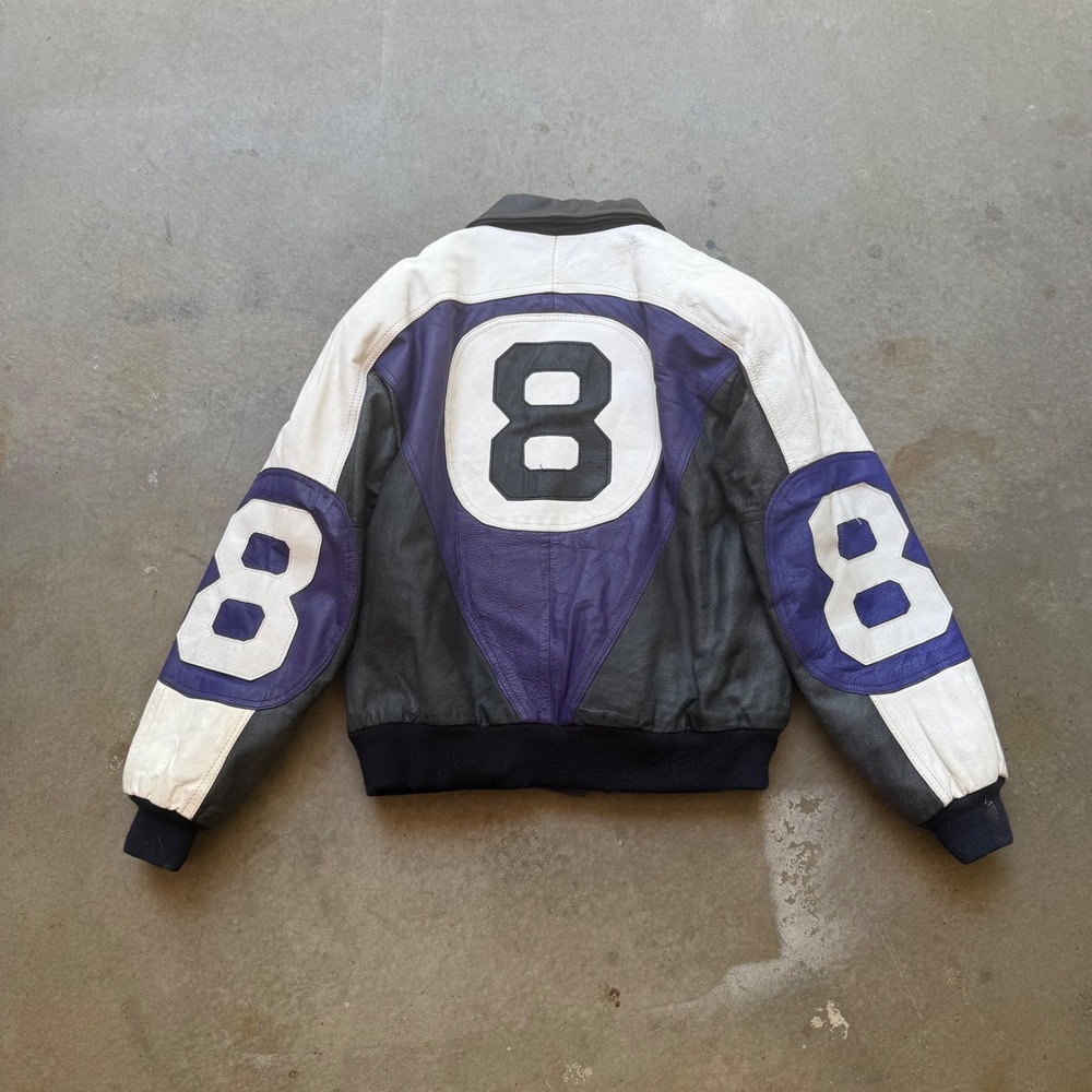 Vintage-Inspired Black & Purple Number 8 Leather Bomber Jacket